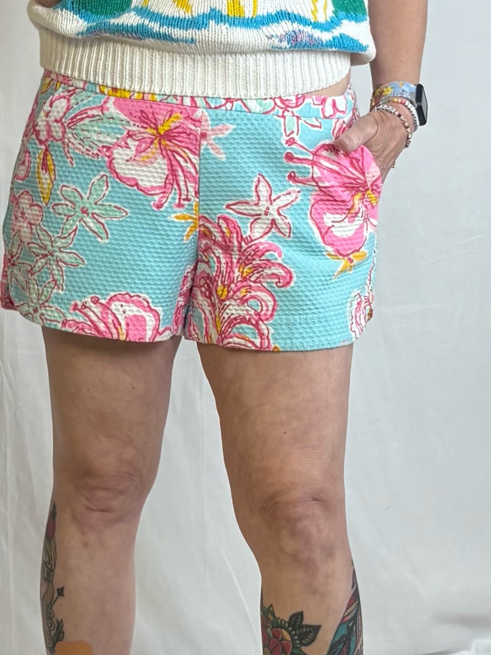 Lilly Pulitzer Pink Floral Seersucker Shorts on Aqua